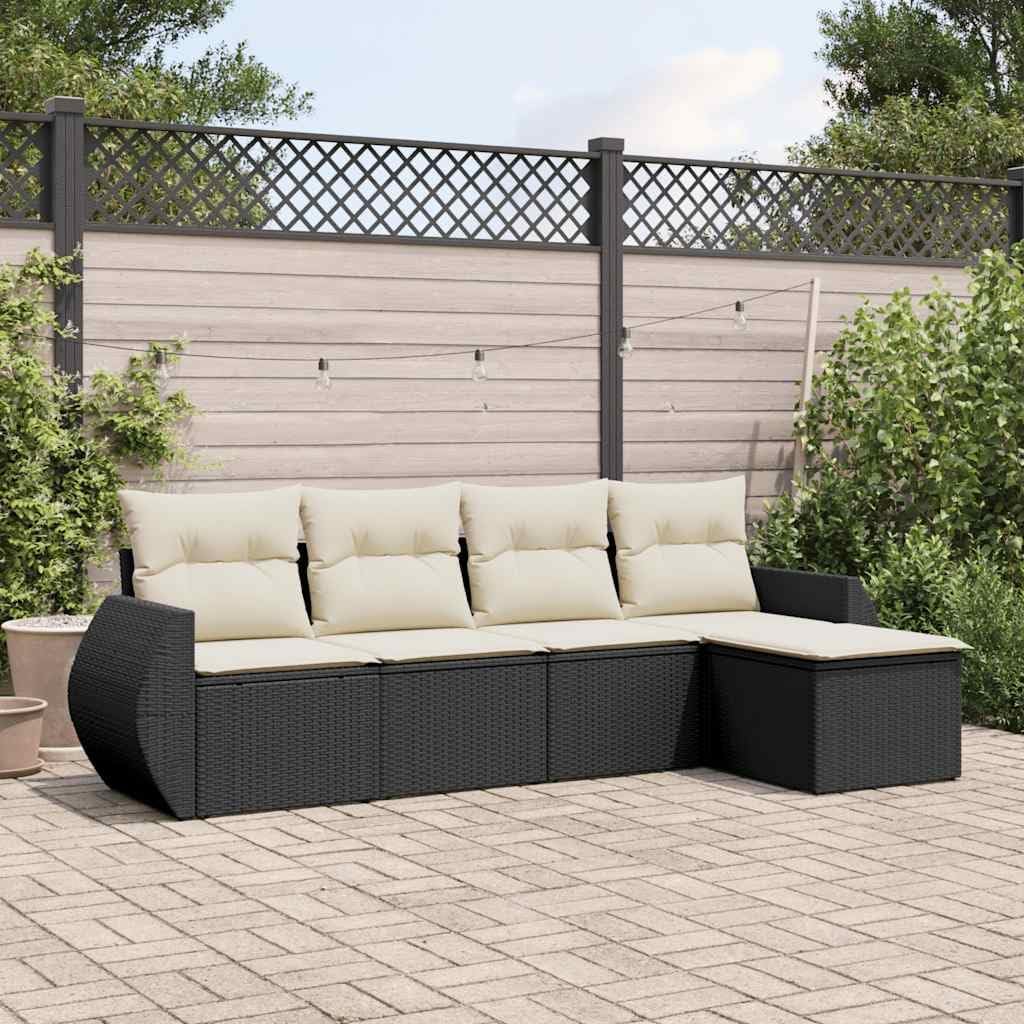 5 Piece Modular Garden Sofa Set with Adjustable Feet, Black PE Rattan Outdoor Furniture for Patio and Balcony, Water-Resistant Storage, UV Protection, Durable Steel Frame,