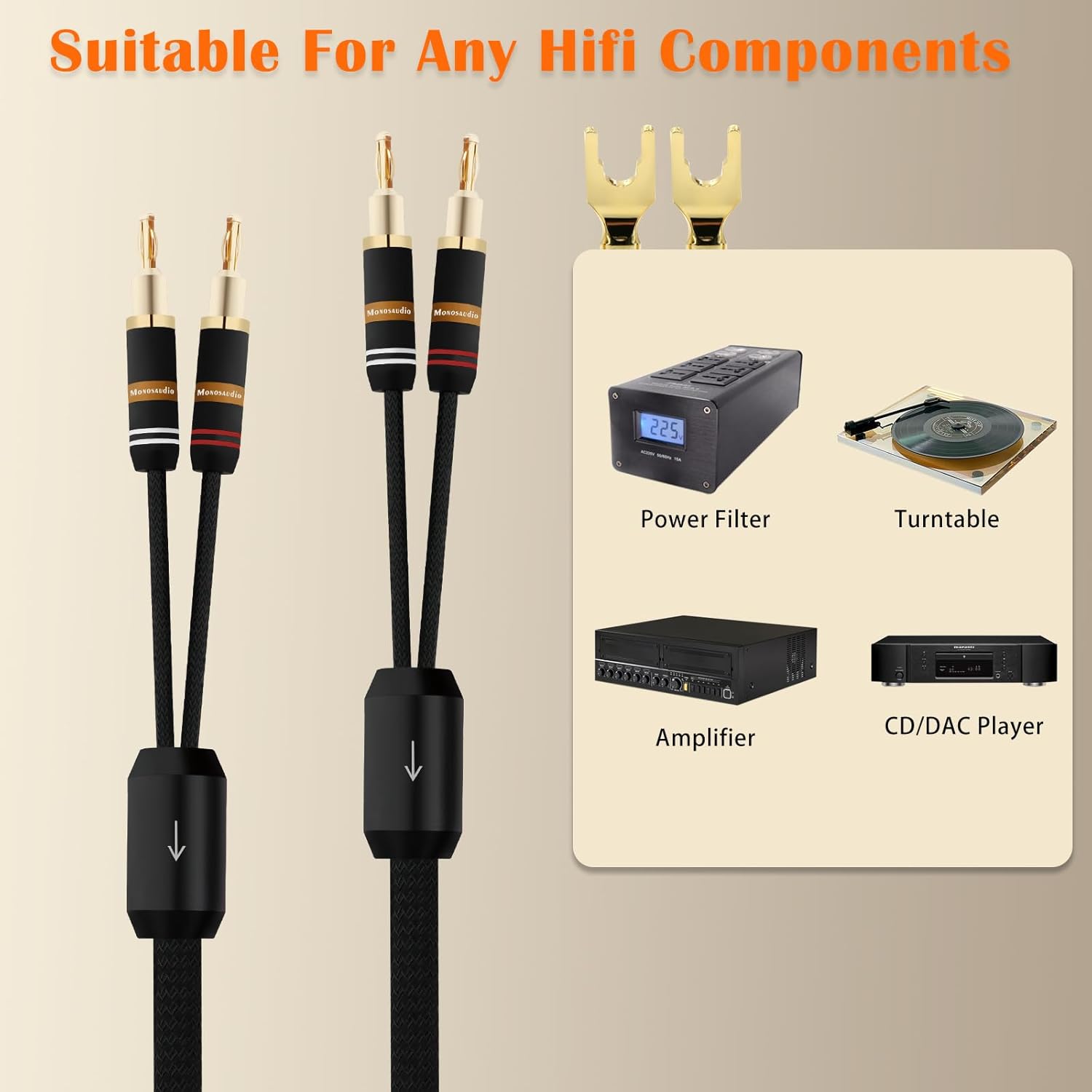 Monosaudio 12 Gauge Speaker Cable Pair Speaker Wire with Banana Plugs/Y Spade Connectors Convertible Gold Plated OFC Copper for Amplifier/Speakers/AV Receiver/Home Stereo Sound Systems(2.5M/8.2Ft)