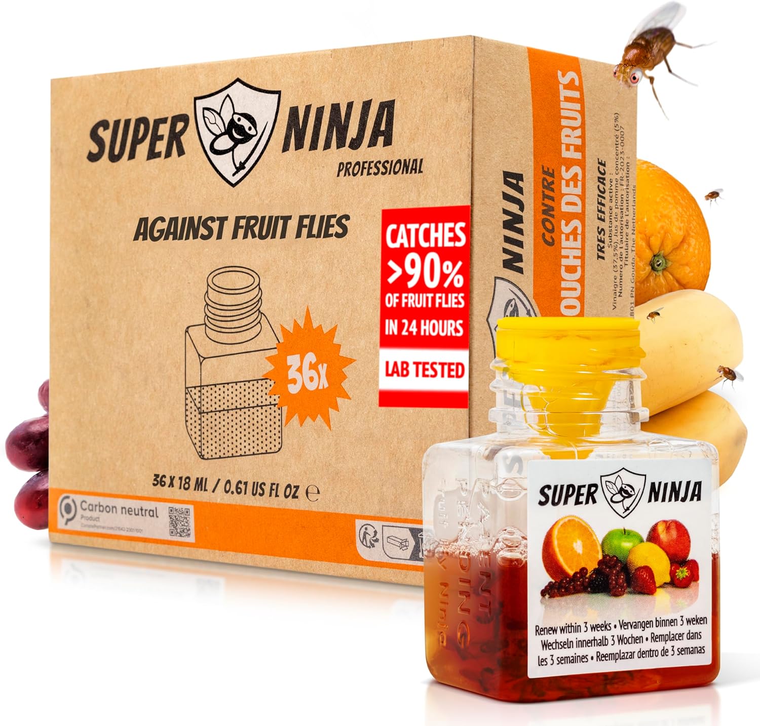 Super Ninja Fruit Fly Traps for Indoors - 36 Pack, Highly Effective Fruit Fly Catcher for Indoor Use for Home & Kitchen, Up to 3 Weeks of Performance per Bottle, Kid & Pet Friendly