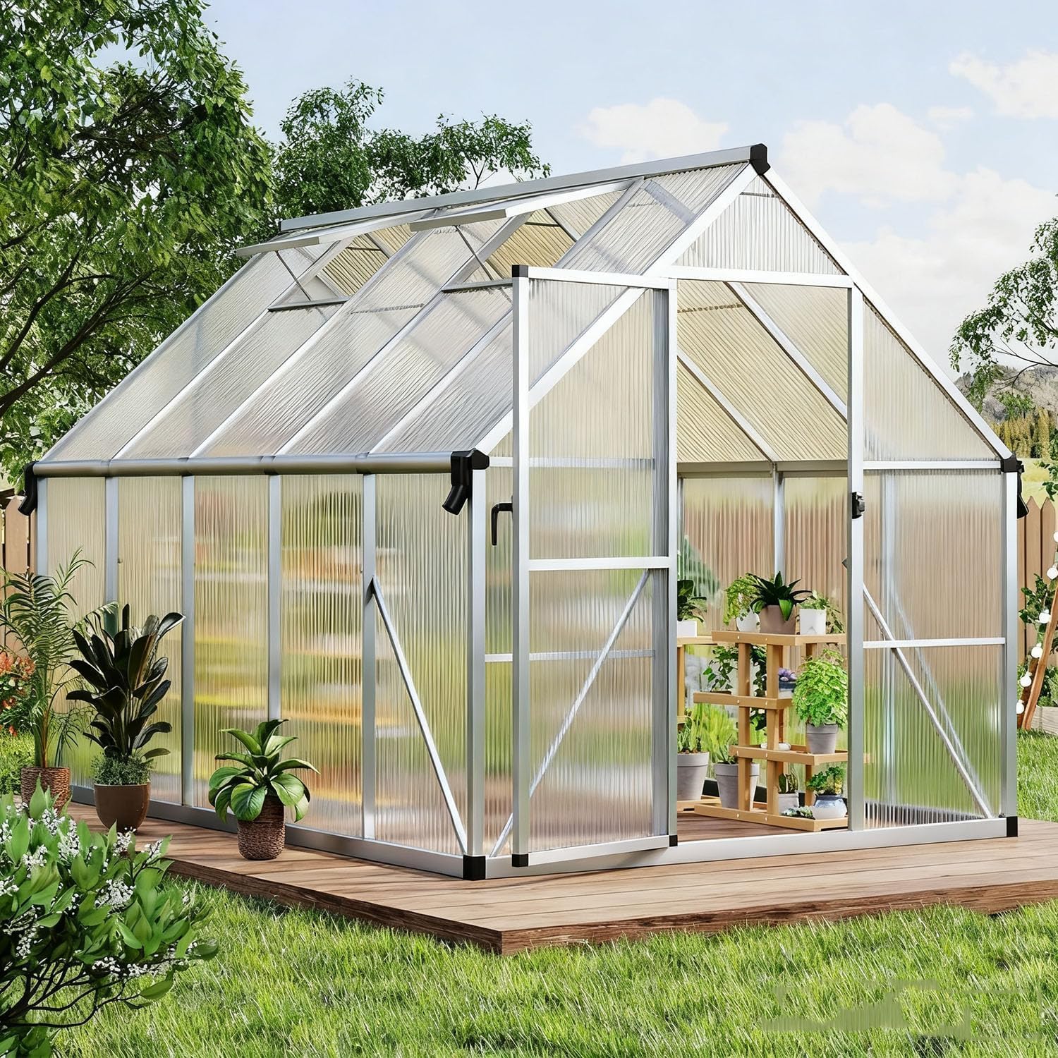CABIHOME 8x10 FT Large Walk-in Greenhouse for Outside, Heavy Duty Aluminum Polycarbonate Greenhouses with Aluminum Frame, Lockable Door and Ajustable Roof Vent for Patio, Backyard, Garden, Green