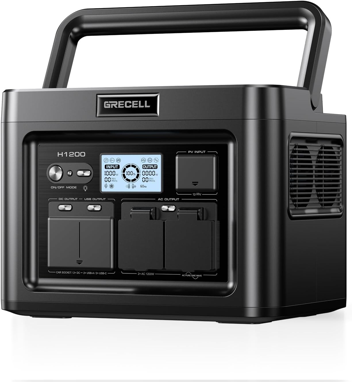 GRECELL H1200 Portable Power Station 1200W, 672Wh LiFePO4 Battery Solar Generator with 10ms UPS, 1200W Solar Power Station, 9 Output Ports for Home Emergency, Outdoor Camping, RV Travel, Laptop TV