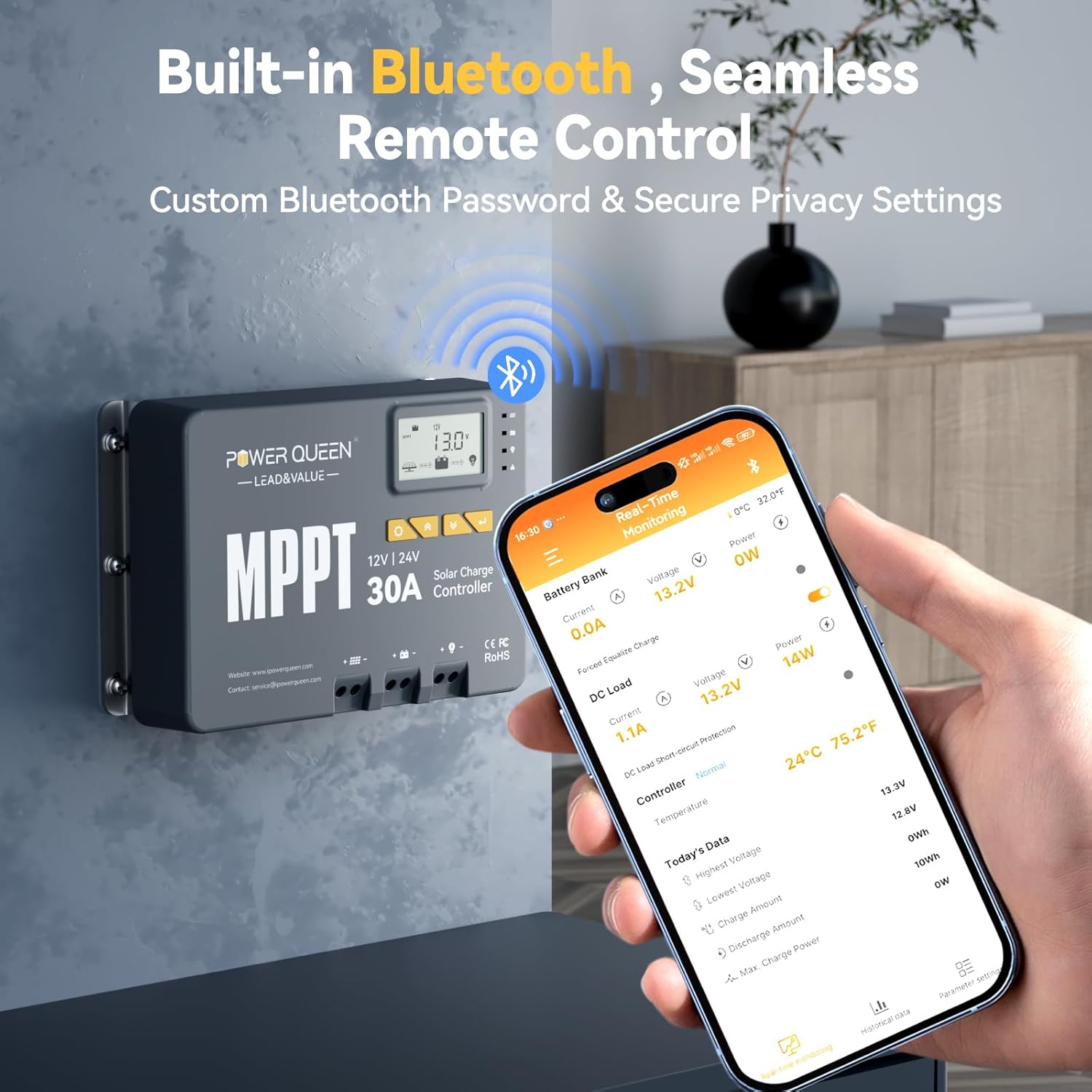 Power Queen 30 Amp MPPT 12V/24V Solar Charge Controller with Built-in Bluetooth,Support Remote Monitoring,Default for LiFePO4 Batteries and Compatible with Sealed, Flooded, Gel and Lead-Acid Battery