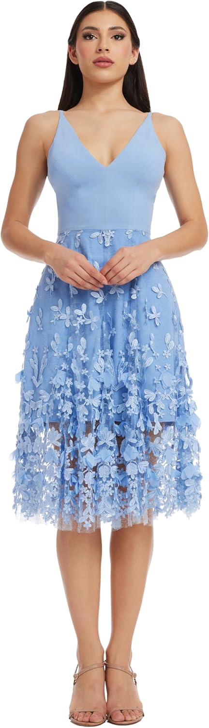 Dress the Population Women's Darleen Sleeveless Plunging Neckline Fit and Flare Midi Dress