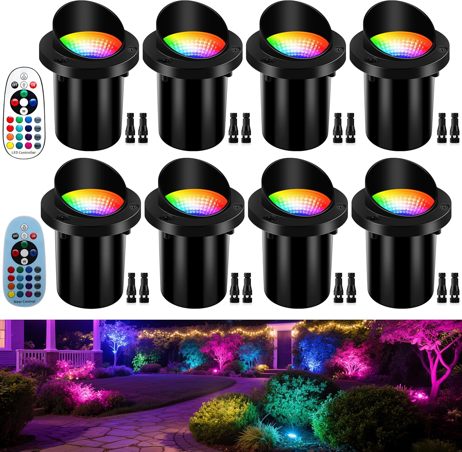 8 Pack Low Voltage Christmas Outdoor Landscape Lighting, RGBW Shielded Well Lights,Color Changing IP67 Waterproof Paver Light Pathway Light,LED Outdoor In-Ground Lights for Garden Yard Fence Deck