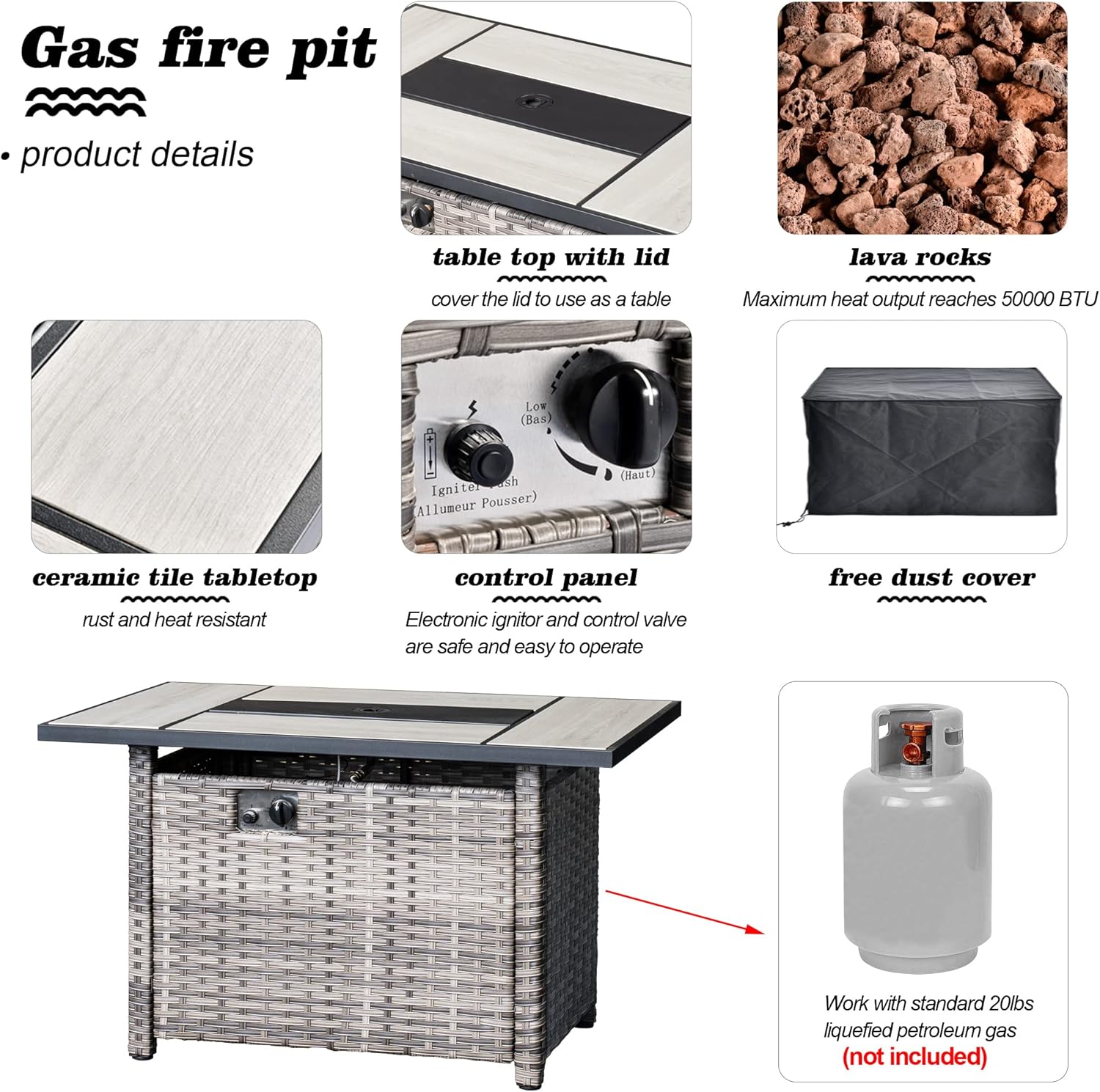 HOOOWOOO Rectangular Outdoor Fire Table 50,000 BTU Propane Patio Fire Pit Table Outside Firepit for Matching Gray Wicker Patio Conversation Set