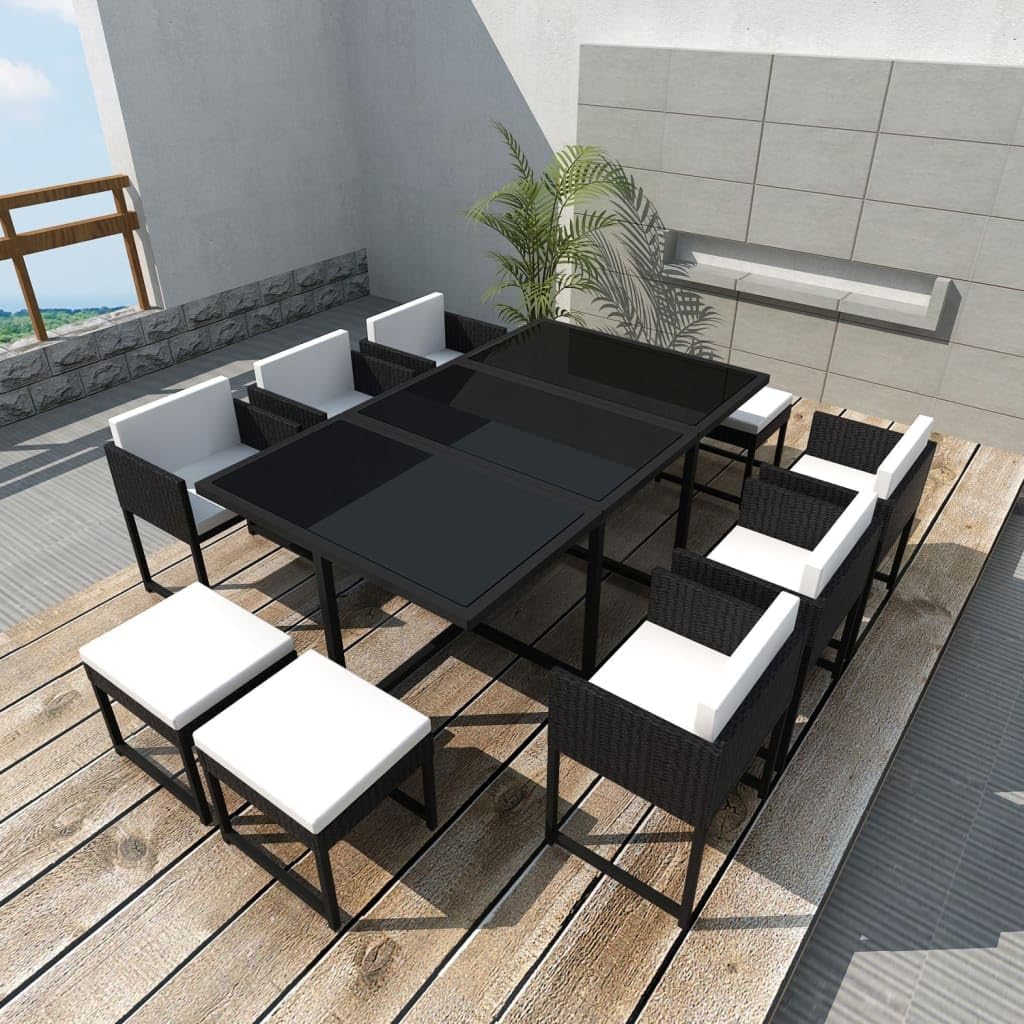 11-Piece Outdoor Dining Set, Black Synthetic Poly Rattan Patio Furniture Set, Rectangular Table & Chairs for 10 People, Garden & Terrace