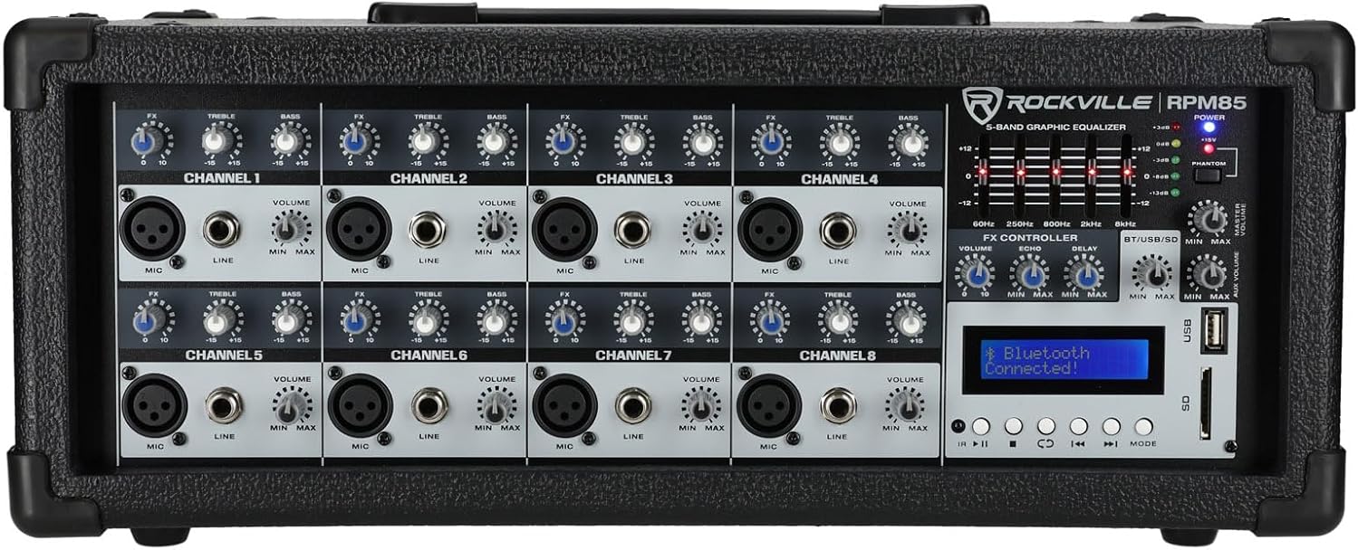Rockville RPM85 2400W Powered 8 Channel Mixer, Bluetooth, USB/SD, 5 Band EQ, Adjustable Echo/Delay, +15V Phantom Power, for Live Music and Events
