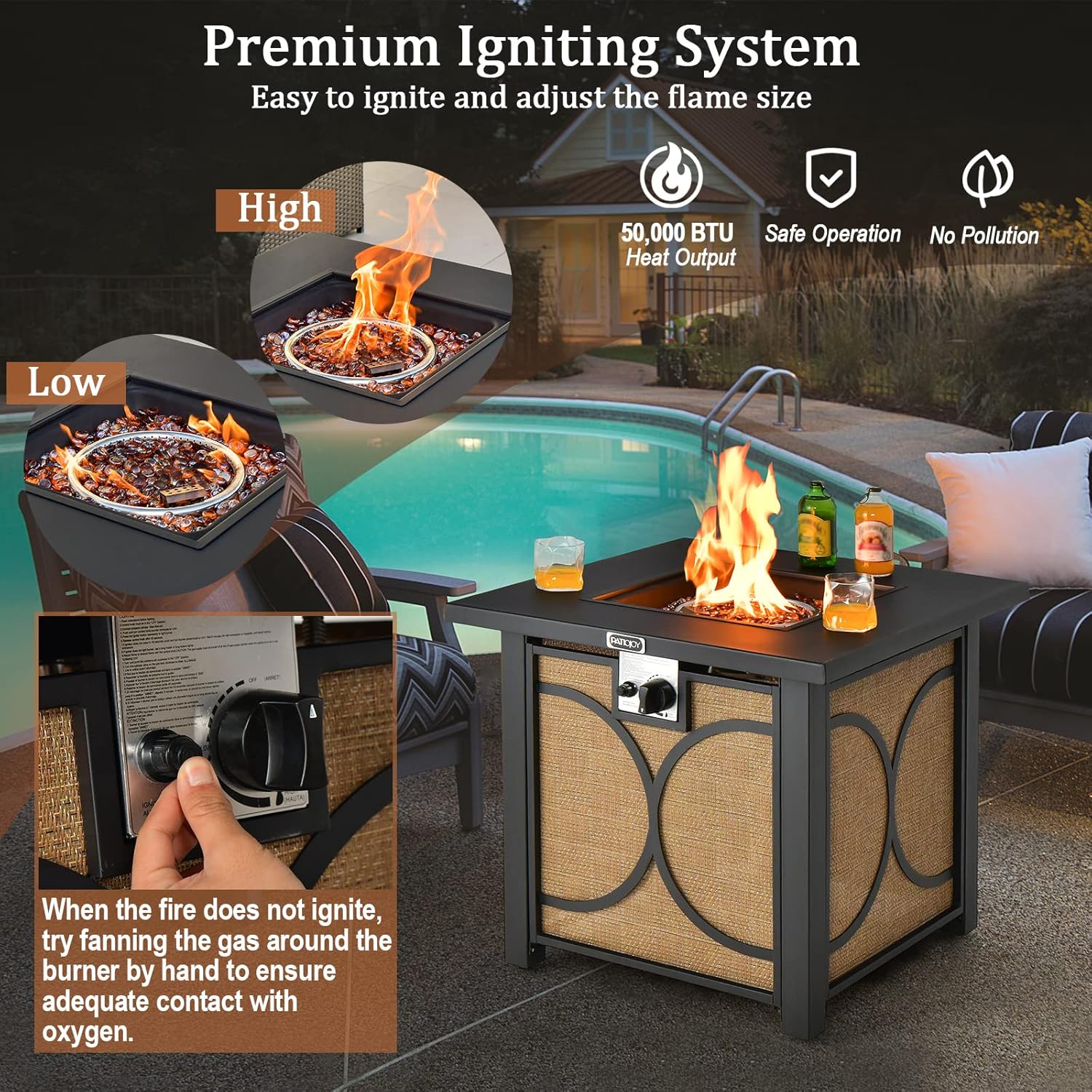 Tangkula 28 Inch Outdoor Square Fire Pit Table, Patiojoy 50,000 BTU Propane Gas Fire Table with Fire Glasses & PVC Protective Cover, Easy Ignition System, Patio Fire Table for Backyard, Poolside