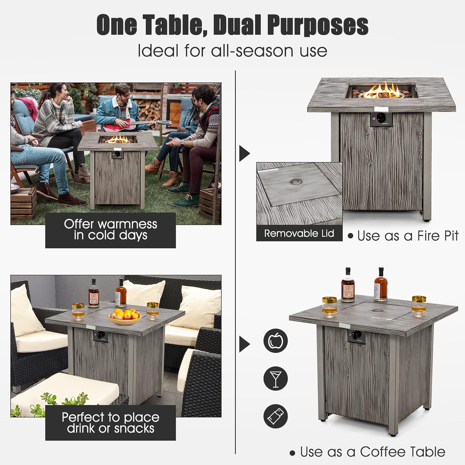 Giantex 28” Patio Fire Pit Table - 2-in-1 40,000 BTU Gas Square Fire Table with Lid & Lava Rocks, Metal Frame, PVC Protective Cover, CSA Certificated Propane Fire Pits for Outside, Poolside, Backyard