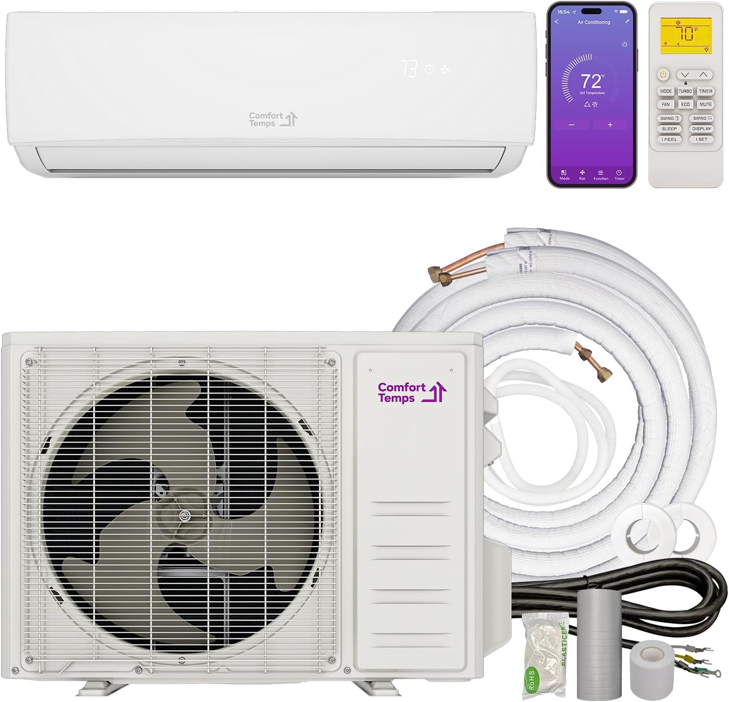 Energy-Saving 12000 BTU / 220V Ductless Mini Split AC/Heating System – 20 SEER, Pre-Charged, Quiet & Comfortable Mini Split with WiFi& Complete Easy Install Kit (Elite Series by Comfort Temps)