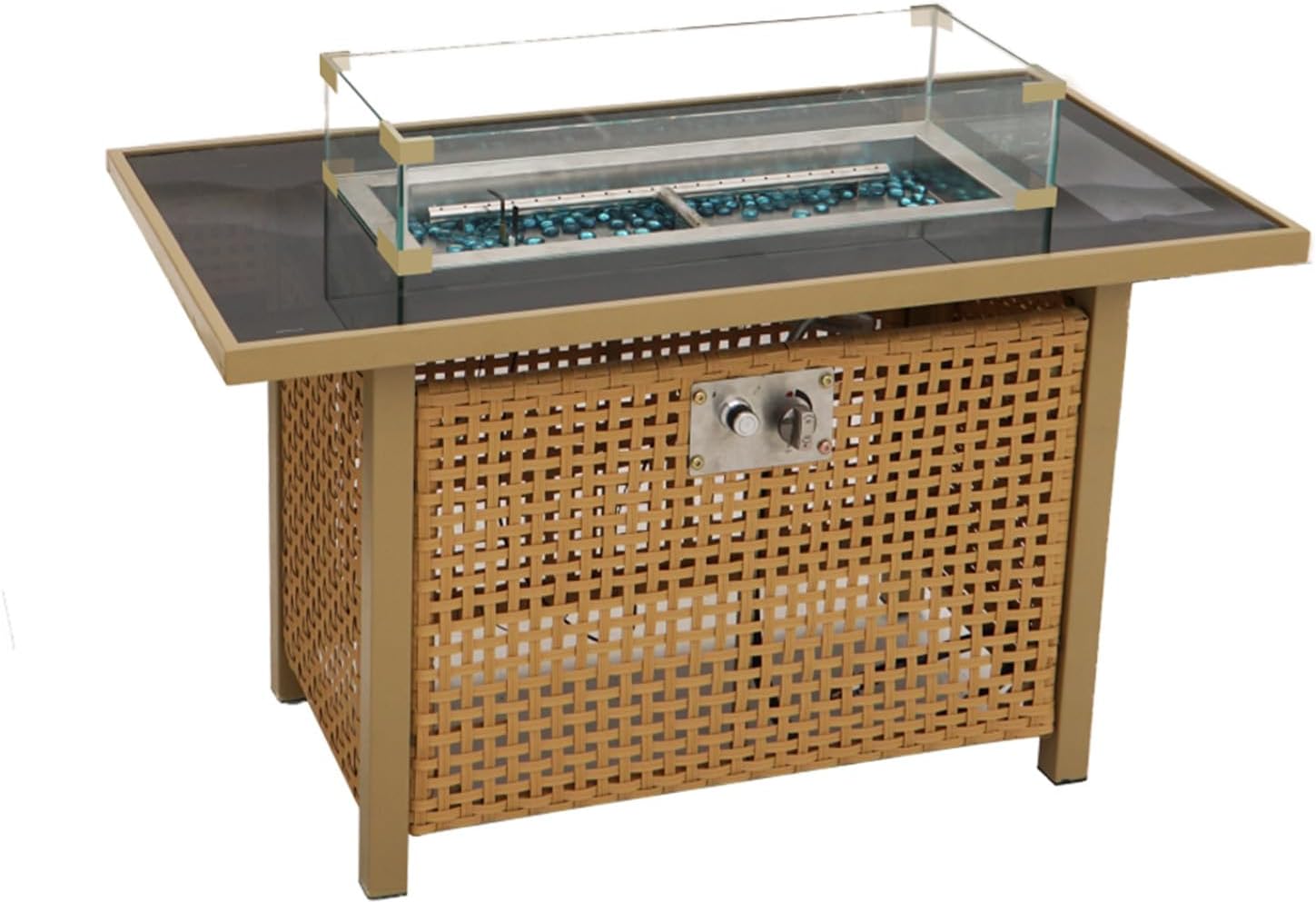 43 Inches Propane Fire Pit Table, 60,000 Btu Rectangular Outdoor Fire Pit with Glass Wind Guard for Patio, Deck, Backyard – Orange & Mustard Yellow (Orange-Yellow) (1 Doors)