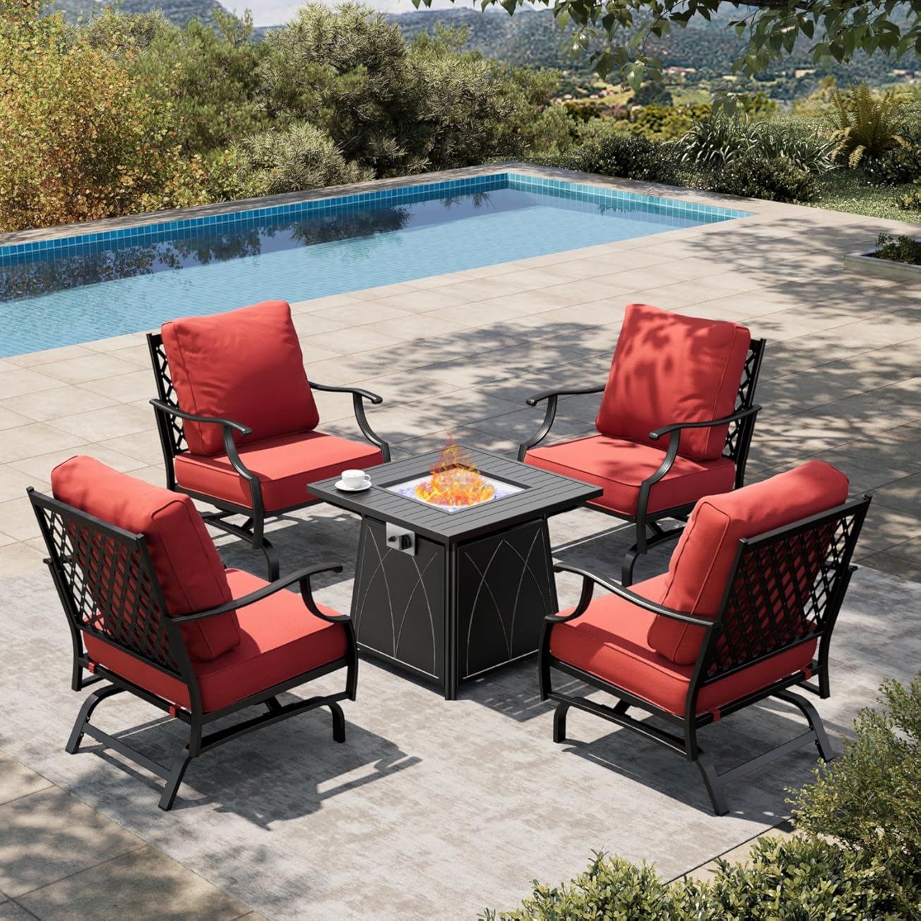 HERA'S HOUSE 5 Pieces Patio Furniture Set with Fire Pit Table, 4 x Thick Cushioned Rocking Chairs, 1 x 28 Fire Pit Table (50,000 BTU), Outdoor Conversation Set for Garden, Backyard, Lawn, Red