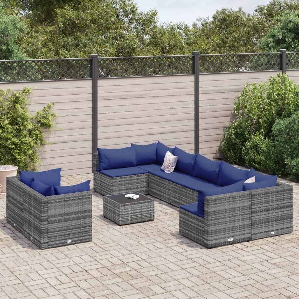10 Piece Patio Sofa Set with Cushions Gray Poly Rattan,AllWeather Rattan Patio Furniture Set with Comfortable Cushions and Modular Design Furniture Sets for Patio, Lawn & Garden