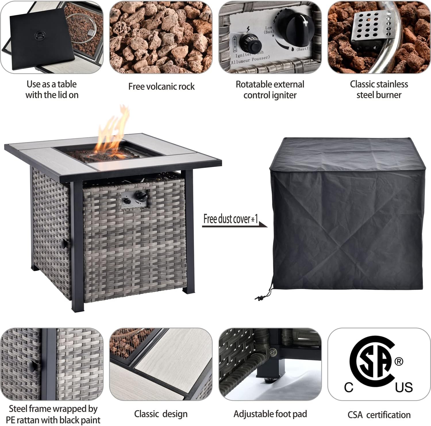 HOOOWOOO Square Outdoor Fire Table 50,000 Patio Fire Pit Table Propane Outside Firepit for Matching Gray Wicker Outdoor Furniture Set