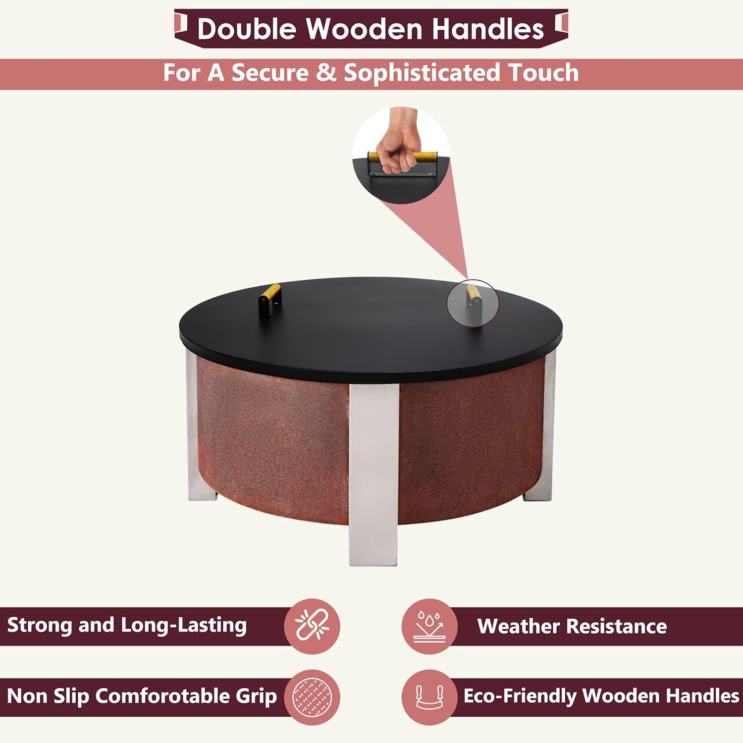 35” Round Fire Pit Lid – Heat Resistant Fire Pit Cover Lid Round for Outdoor Fireplace -16 Gauge Steel Flat Fire Pit Burner Pan Cover with Dual Wooden Handles Snuffer Lid for Patio FirePit Ring