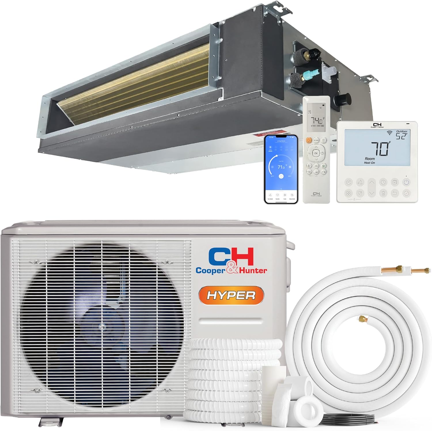 Cooper & Hunter 12,000 BTU 230V Hyper Heat Concealed Slim Ducted Mini Split AC/Heater – 20 SEER2 Inverter System – Heats Down to -22F – Includes 25FT Installation Kit - Cooling & Heating