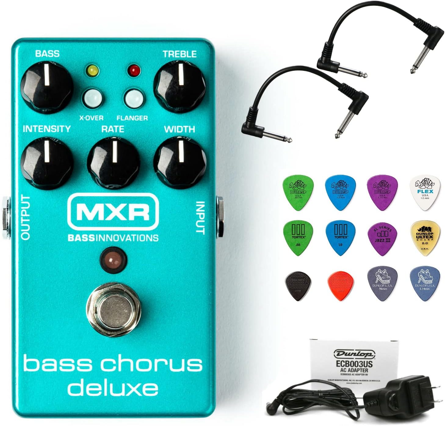 Briskdrop MXR M83 Bass Chorus Deluxe Pedal Bundle with 2 Patch Cables, Dunlop ECB003 9V Adapter, and Dunlop Variety Pick Pack (M83-ECB003)