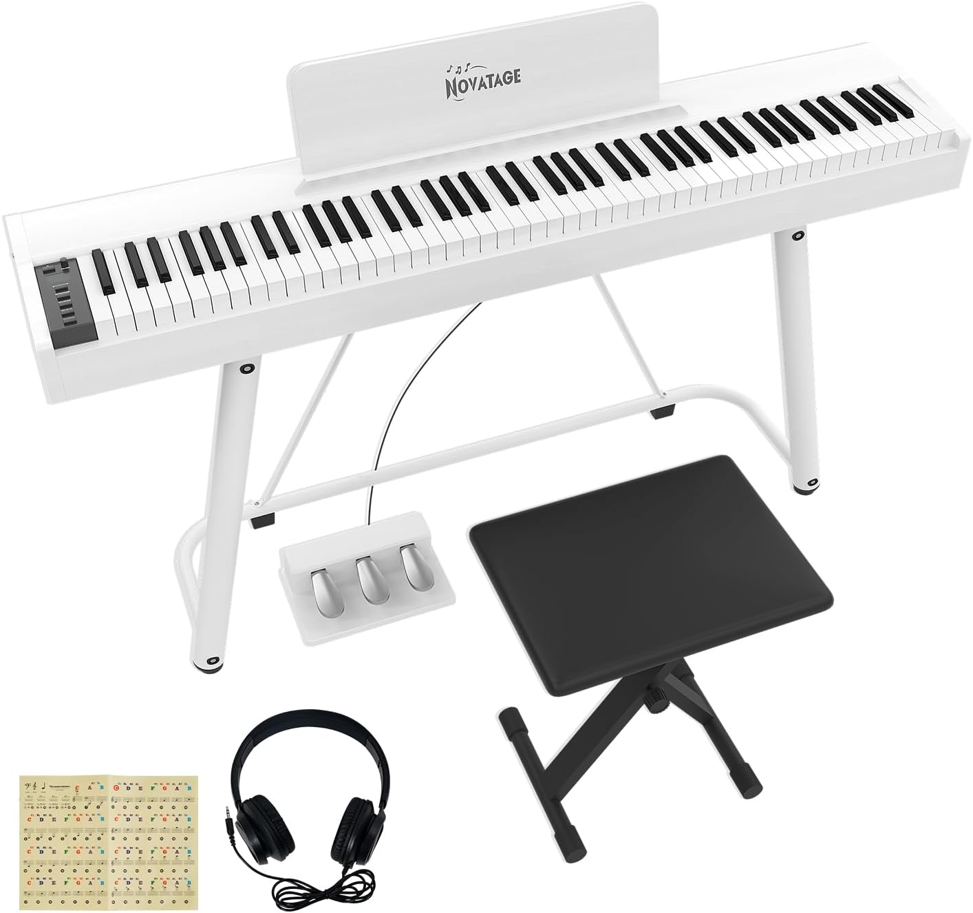 88 Key Full-Weighted Digital Piano, Full Size Electric Piano for Beginners, with U-Stand, 3 Pedal Unit, Adjustable Stool, Headphone, MIDI Functionality (White)