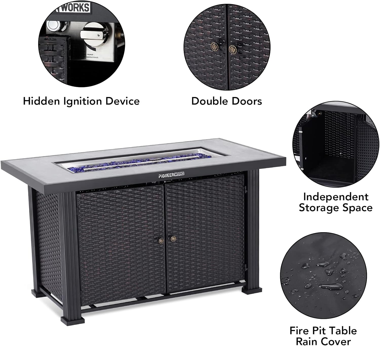 44 in Propane Fire Pit Table (Double Door), 50000BTU Rectangle Fire Table with Cover & Rain Cover, Sturdy Steel and Iron Fence Surface, CSA Safety Certified, Companion for Your Garden