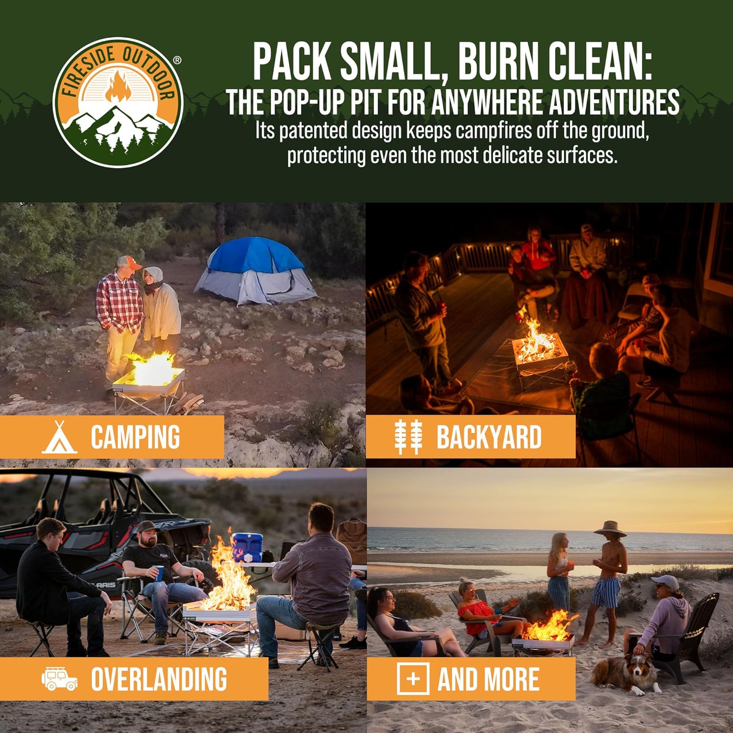 Fireside Outdoor Portable Fire Pit for Camping Fire Pit 24 Inch - Collapsible Pop Up Firepits for Outside, Portable Campfire Pits, Small Firepit for Outside, Weighs 7 lbs, Heat Shield NOT Included