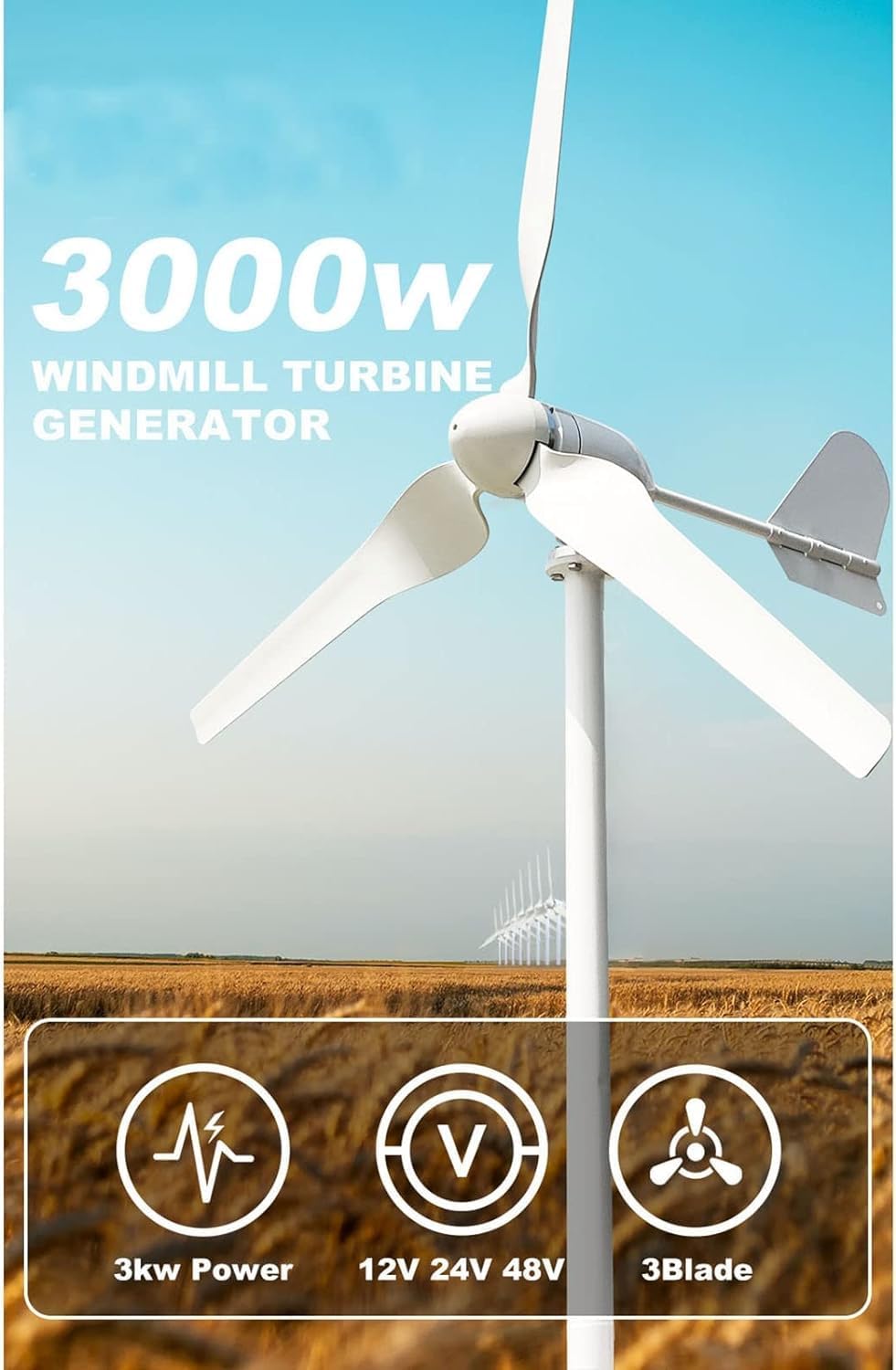CAJUCA Wind Turbine Generator Kit 3000W 12V 24V 48V Home Wind Turbine Generator 3 Blades Permanent Magnetic Levitation Generator