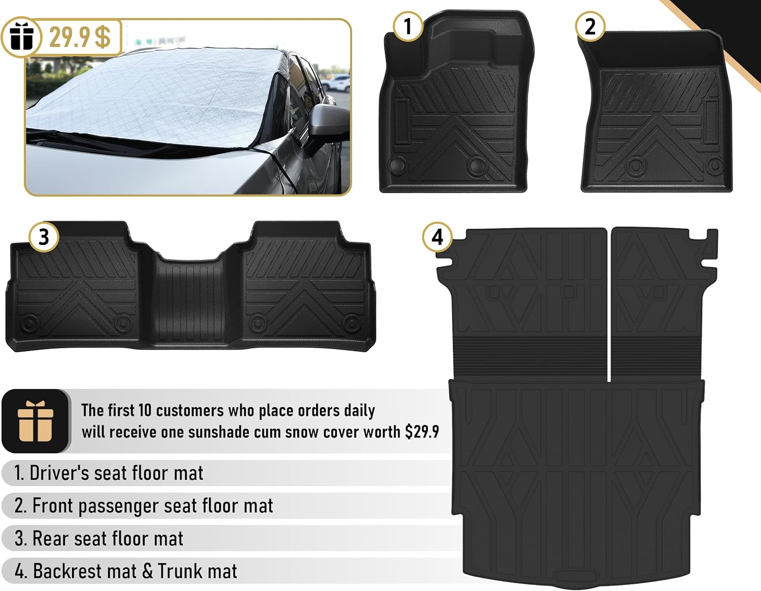 Floor Mats for Nissan Rogue 2021-2026(Not to Sport),All Weather Protection Custom Floor Mats Trunk Cargo and Car Windshield Cover Set for Nissan Rogue Accessories,Car Floor Liners Set,5packs.