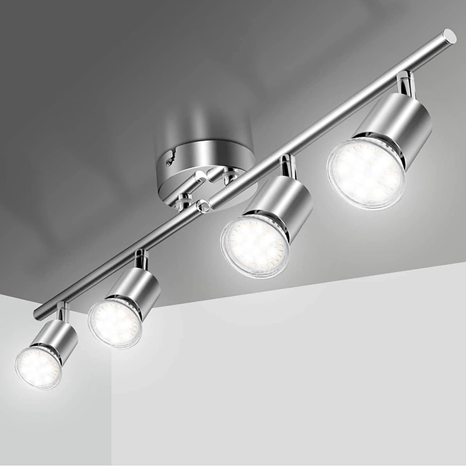 4-Light Track Lighting Fixtures,GU10 Bulbs Swing Arm Ceiling Spot Light,Flush-Mount Directional Rail Lighting for Living Room, Dining Room, Offices, Bedroom, Picture Wall,Kitchen(Color:Warm light) (W