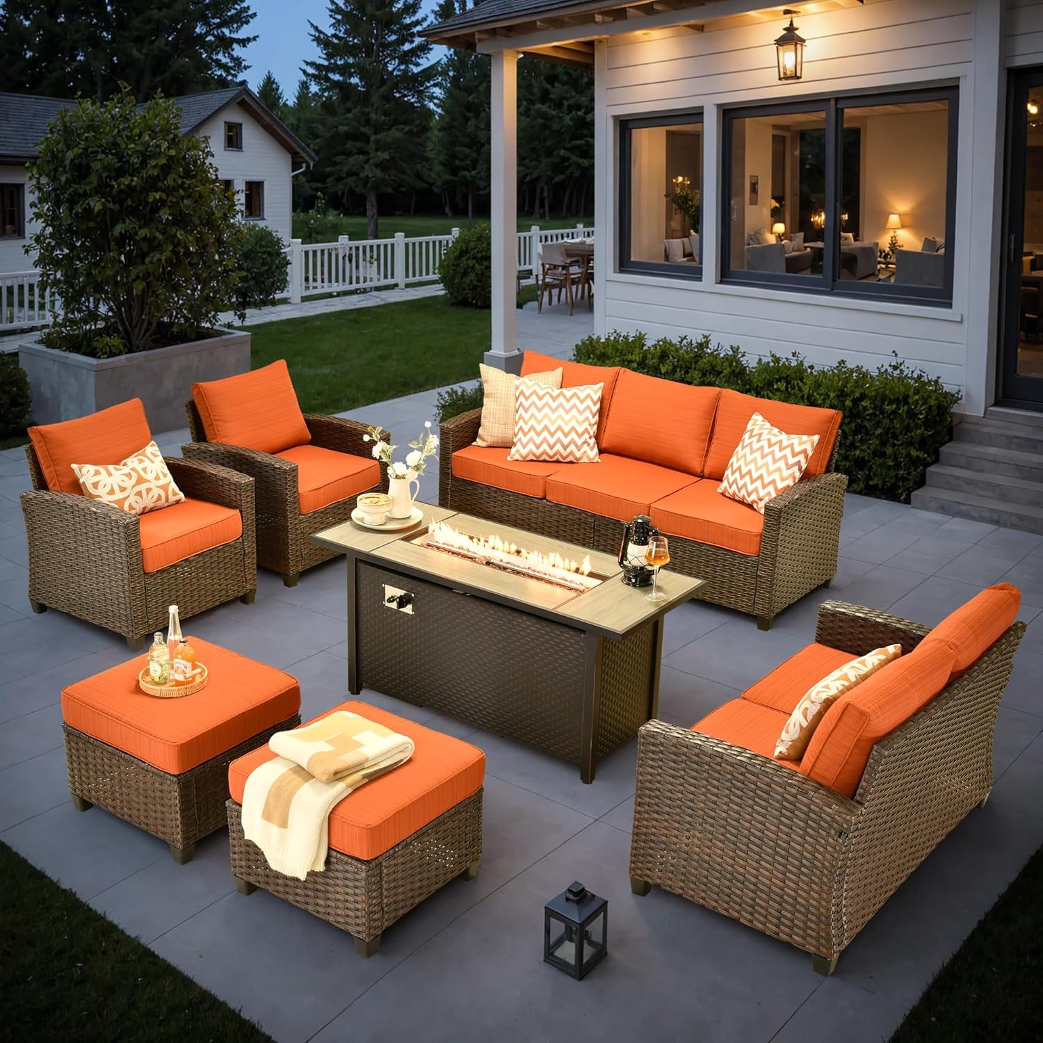 Wicker Patio Furniture Sets w/Fire Pit Table, All Weather Outdoor Furniture Conversation Set, 7-Piece Patio Sectional Sofa for Backyard Garden Lawn, Red