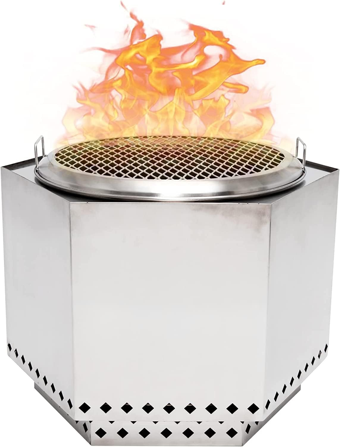 Dragonfire Smokeless Firepit, Accessories Included: Grill Grate, Base Stand, and Weatherproof Cover. Wood Pellet/Log Burning Large Outdoor Fire Pit. Stainless Steel, 23.5 Inch Backyard Patio Size.
