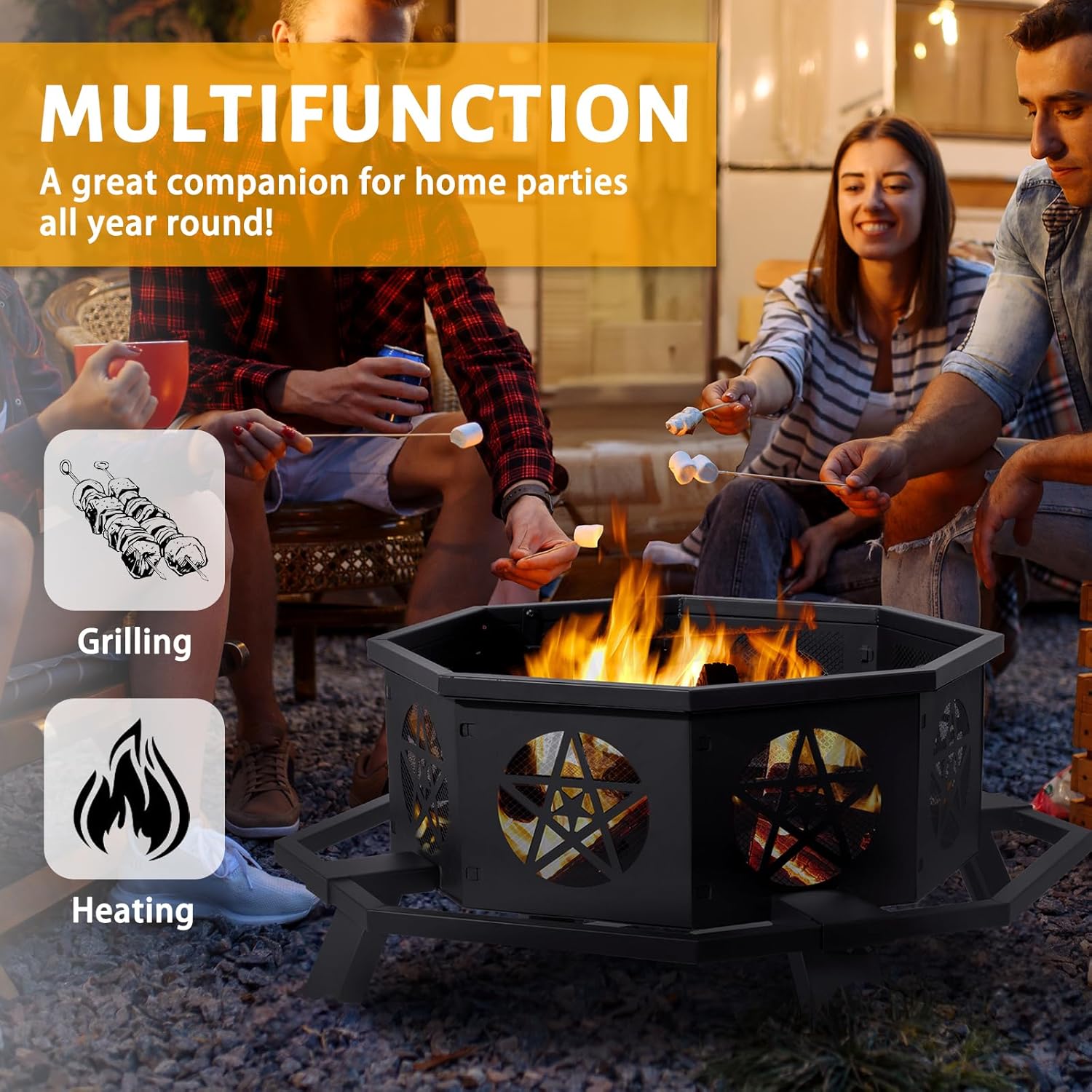 43 inch Fire Pit for Outside, Heavy Duty Wood Burning Fire Pits with Fire Poker, Outdoor Octagonal Firepit for Camping, Yard, Patio