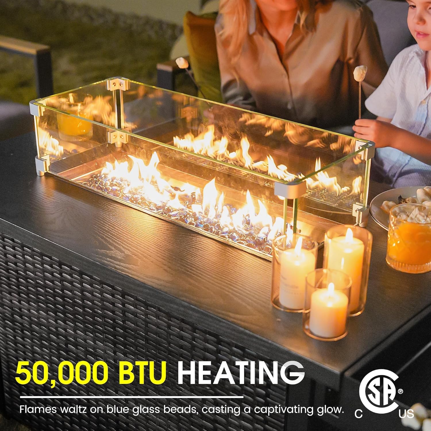 52 Inch Wicker Patio Fire Table, 50,000BTU Propane Fire Pit Table with Glass Wind Guard, Side Basket, Cover, CSA Certified, Outdoor Fire Pit for Garden, Backyard, Balcony, Poolside, Grey