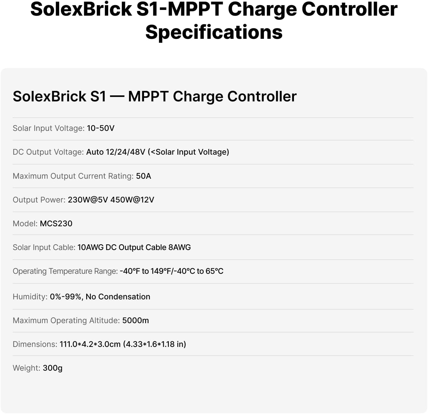 SolexBrick S1 50A MPPT Solar Charge Controller + 20 Foot 8AWG MC4 to O Ring Extension Cable