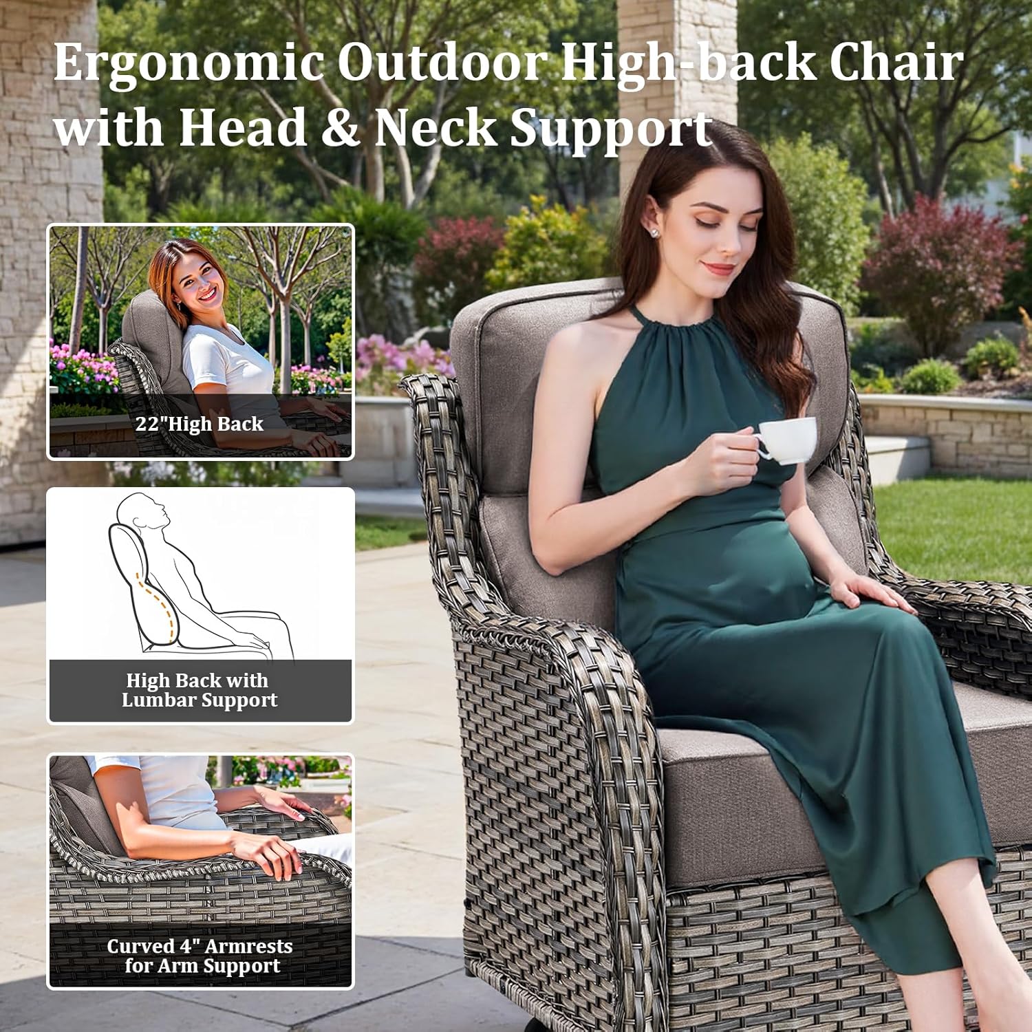 Luxury High Back Patio Furniture Set with Fire Pit Table & 6-Inch Thick Cushions, 4-Pieces Outdoor Furniture with Swivel Chairs, Wicker Conversation Set for Porch, Balcony, Deck and Yard, Grey