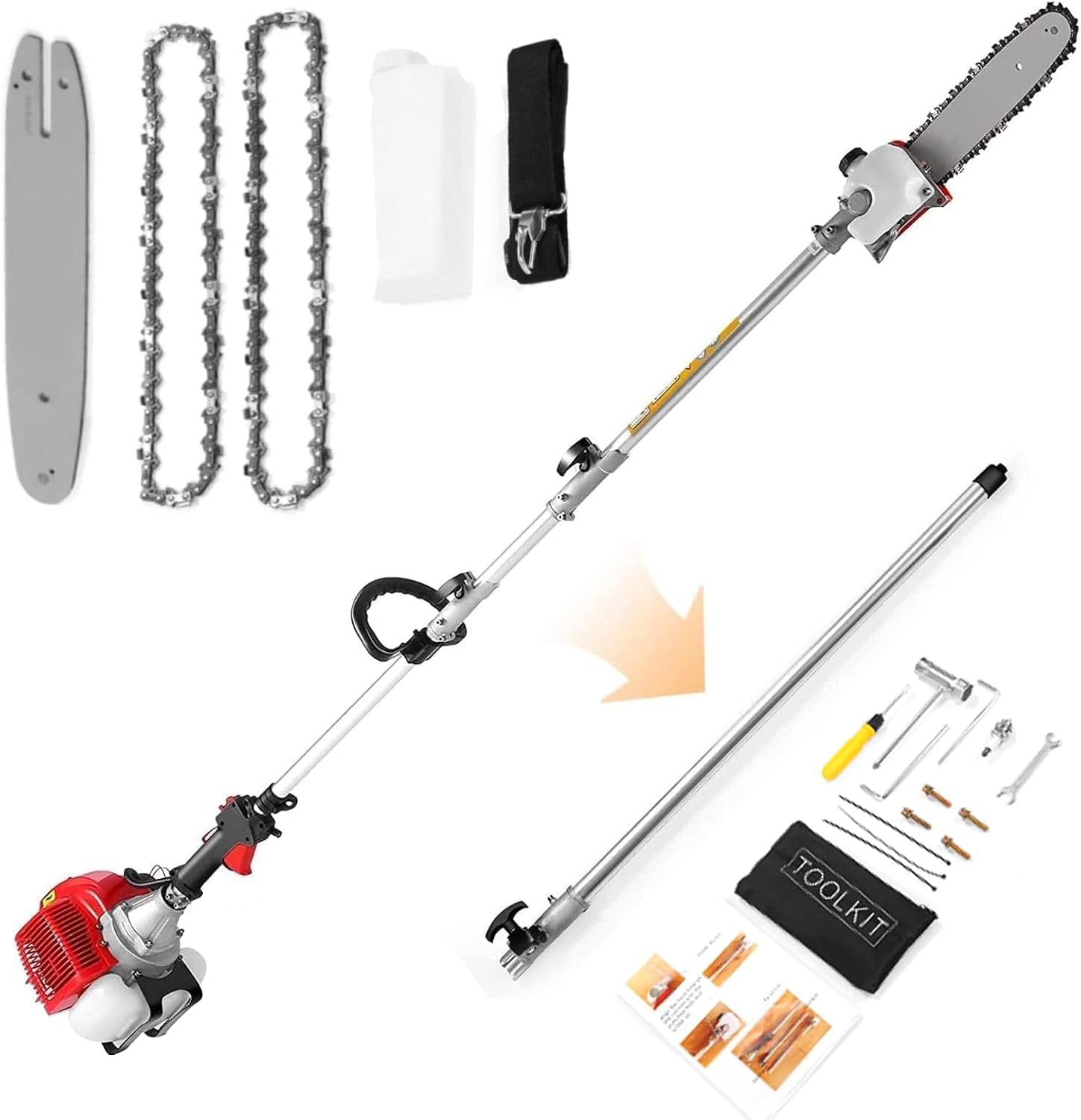 Gas Powered Pole Saws, 58CC Extendable Reach to 16FT, 2 Cycle Powerful Gas Pole Saw 11.5inch Guide Bar Gas Pole Saws for Tree Trimming Upgrade