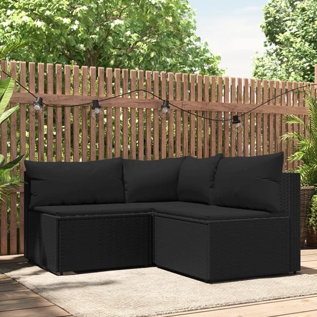 3 Piece Patio Lounge Set with Cushions Black Poly Rattan,AllWeather Rattan Outdoor Lounge Set for Garden and Patio Relaxation Patio Furniture & Accessories, Outdoor Seating