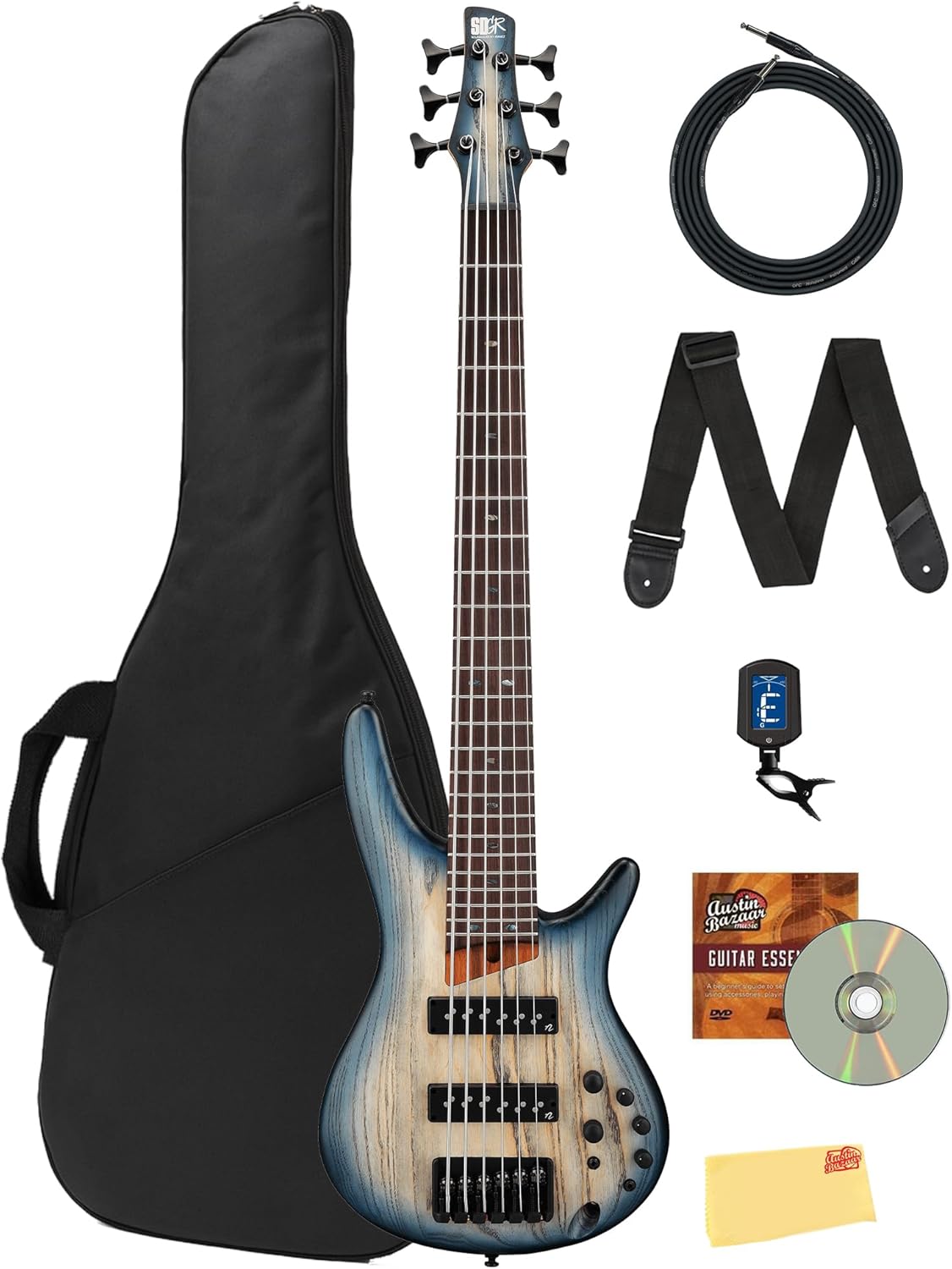 Ibanez SR606E SR Standard 6-String Bass Guitar - Cosmic Blue Starburst Flat Bundle with Gig Bag, Tuner, Strap, Instrument Cable, Instructional DVD, and Austin Bazaar Polishing Cloth