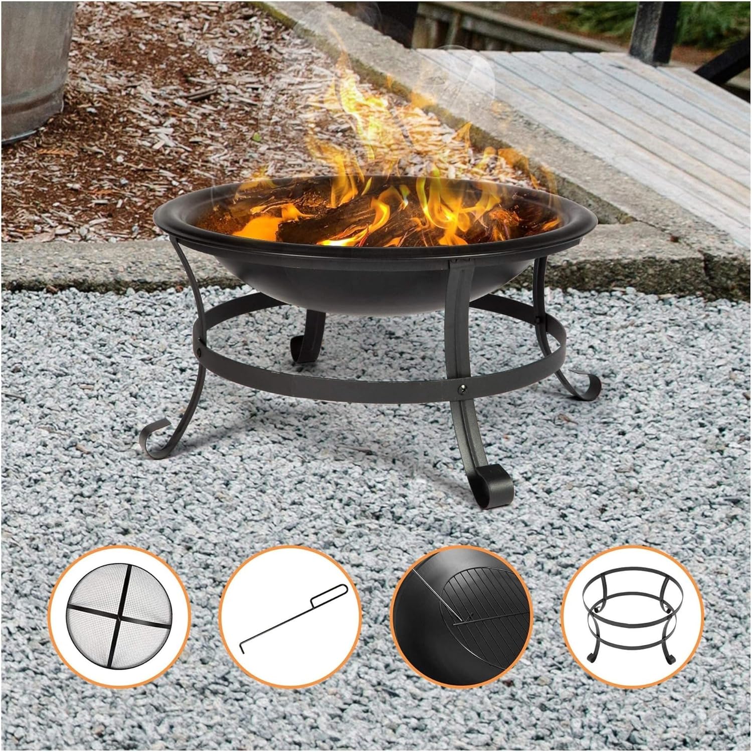 22 Inch Portable Folding Steel Fire Pit Bowl with Spark Screen Cover Log Grate and Poker for Wood Burning Outdoor Use in Backyard Camping Picnic Garden