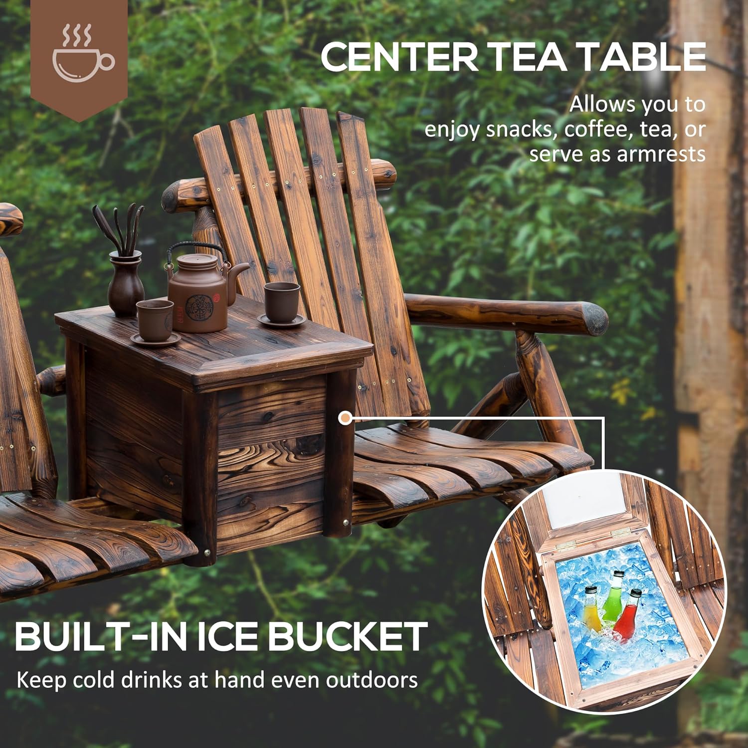 Outsunny Double Wooden Adirondack Chair with Ice Bucket, Outdoor Loveseat with High Backrest, Smooth Armrest, Rustic Brown