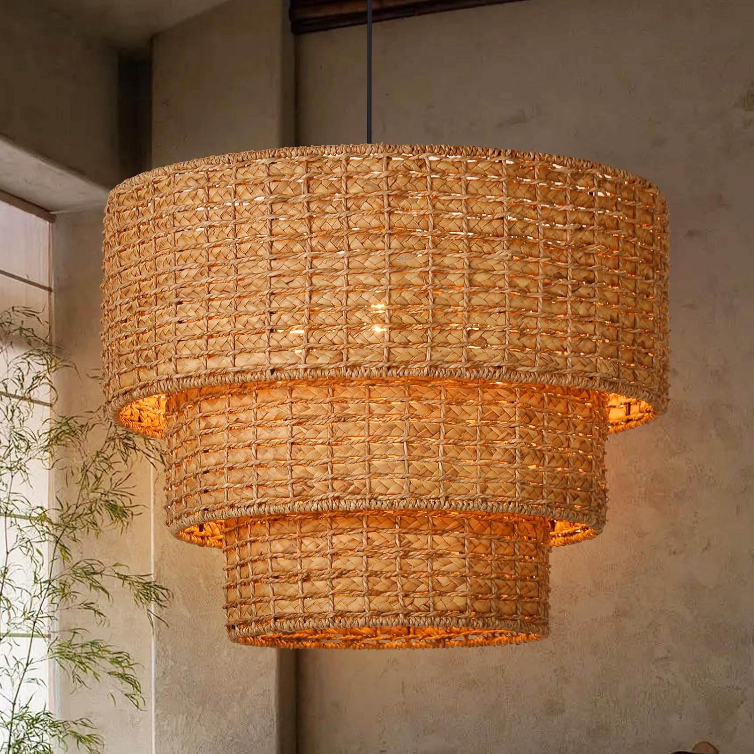 Arturesthome Rattan Pendant Light Fixture Rattan Chandelier 3-Light Natural Handwoven Ceiling Hanging Light,Bohemian Pendant Lighting for Foyer Hallway Bar Dia 19.6″* 15.7″