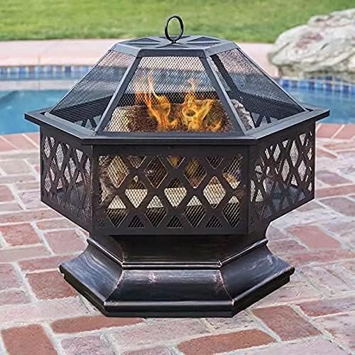 Multifunctional Fire Pit Table, Hexagon Fire Pit, Firepit Table for Outside Wood, Patio Stove Wood Burning BBQ Grill Fire Pit Bowl with Spark Screen Cover for Camping and BBQ