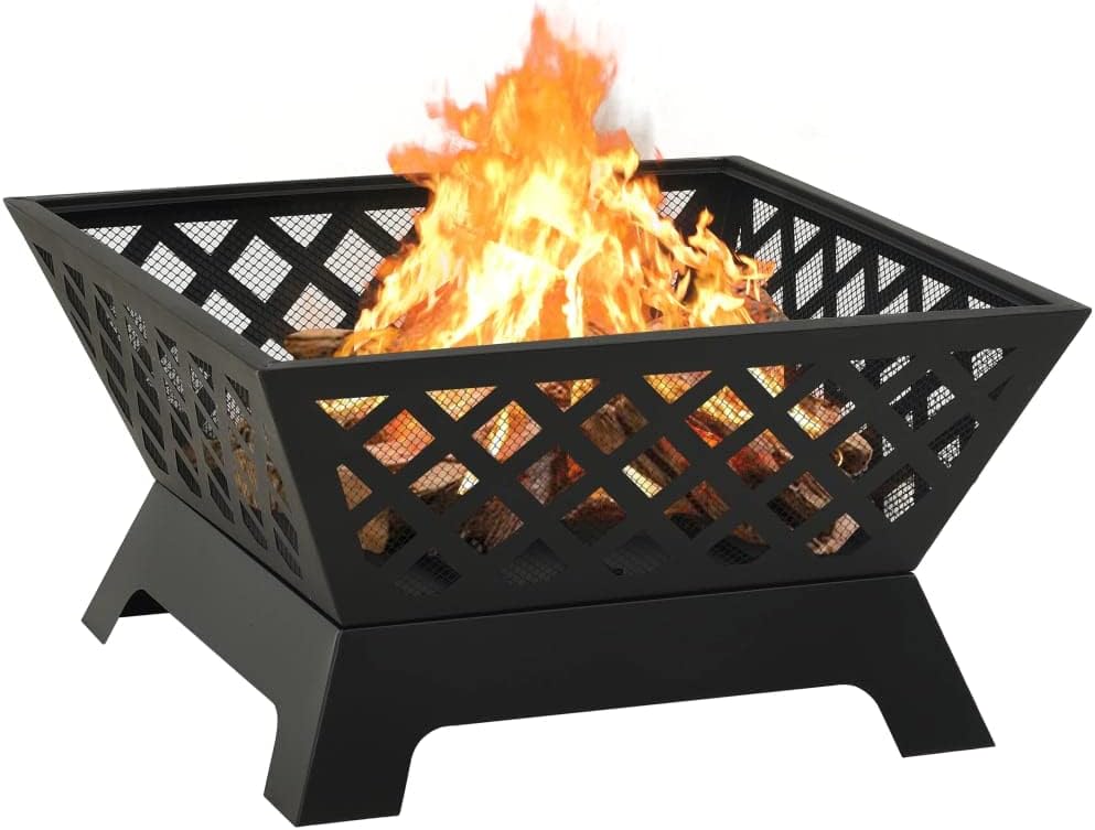 Outdoor Bonfire Pit,Firepit Grill Rack, Wood Burning Metal Fire Pit for Patio, with Spark Screen Cover and Poker for Backyard Garden Bonfire BBQ,25.2 Steel