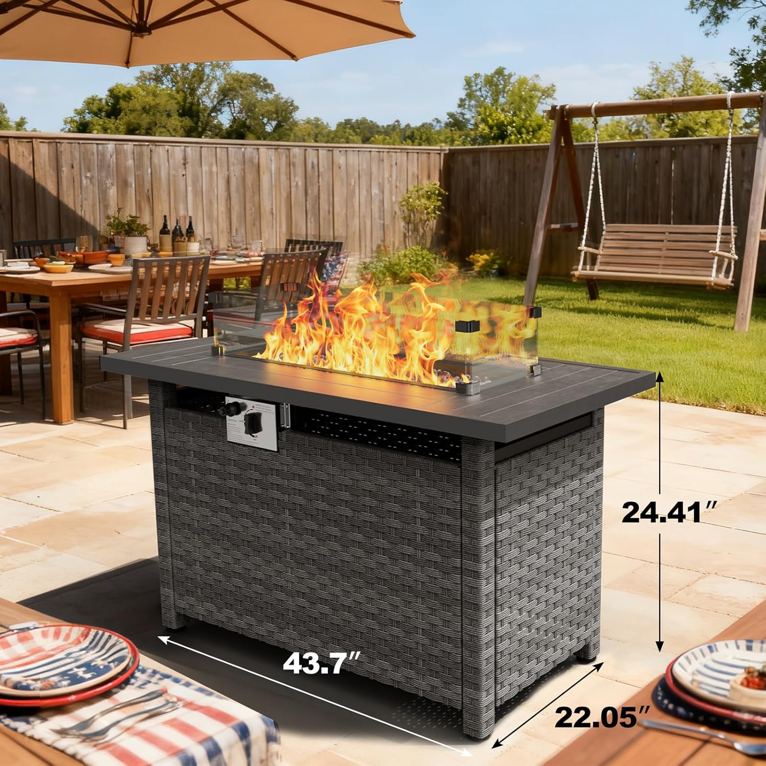 44” Propane Fire Pit Table, CSA Certified 60000BTU Auto-Ignition Patio Fire Tables with Waterproof Cover & Wind Guard, Rectangular Large Wicker Outdoor Firepit Table for Porch,Deck,Backyard,Grey