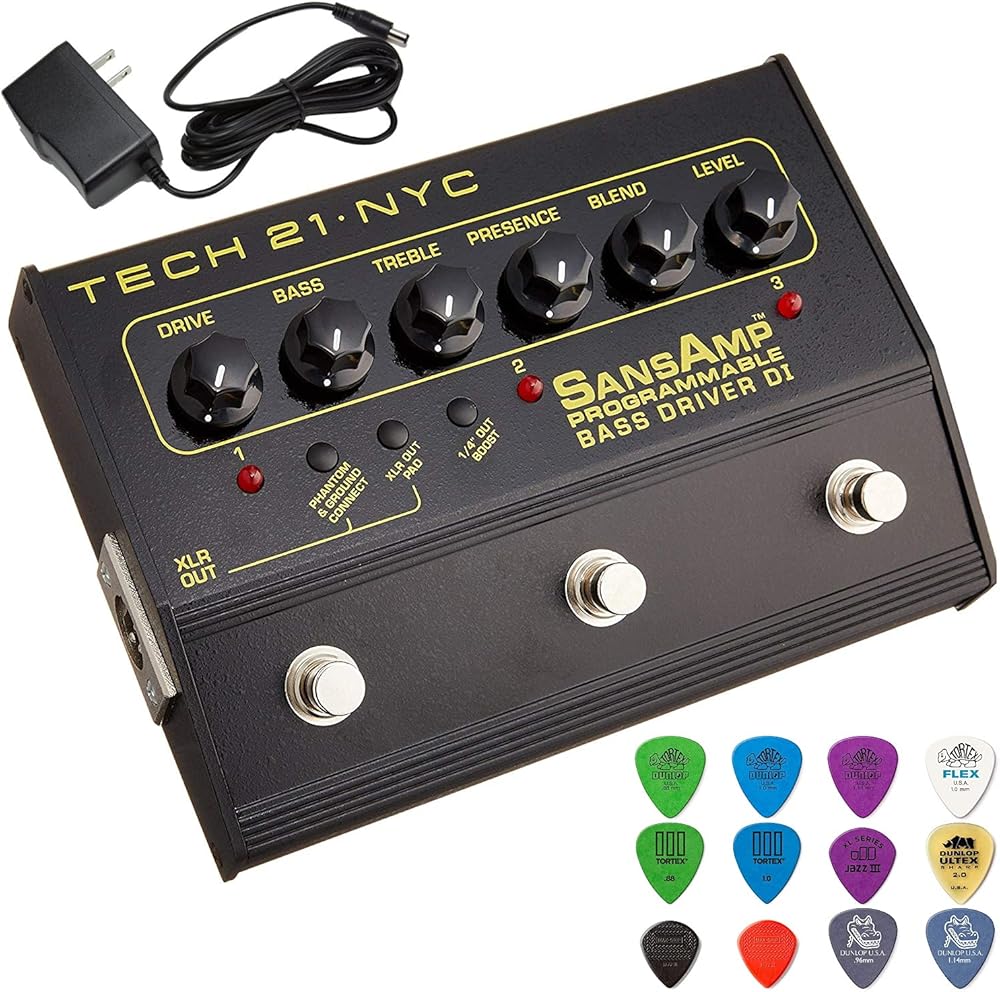 Tech 21 PBDR SansAmp Programmable Bass Driver DI Bundle with Power Supply and Dunlop Pick Pack