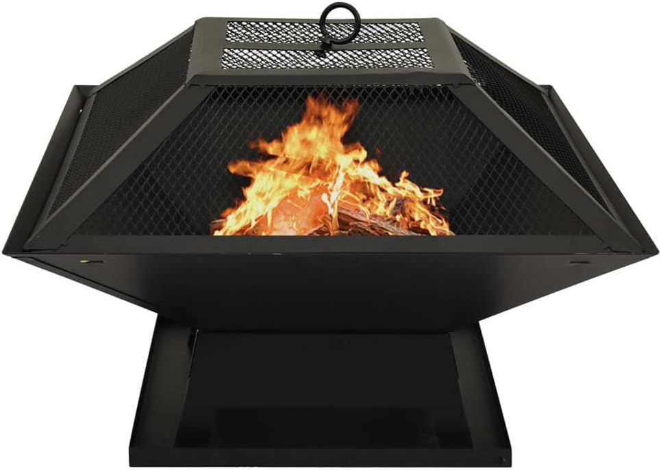 2-in-1 Fire Pit and BBQ,18.3in Wood Burning Firepit, Square Metal Firepit Brazier, Outdoor Stove Bowl with Spark Screen Cover, Cooking Grid and Fire Poker, for Outside Camping Patio Garden-Black