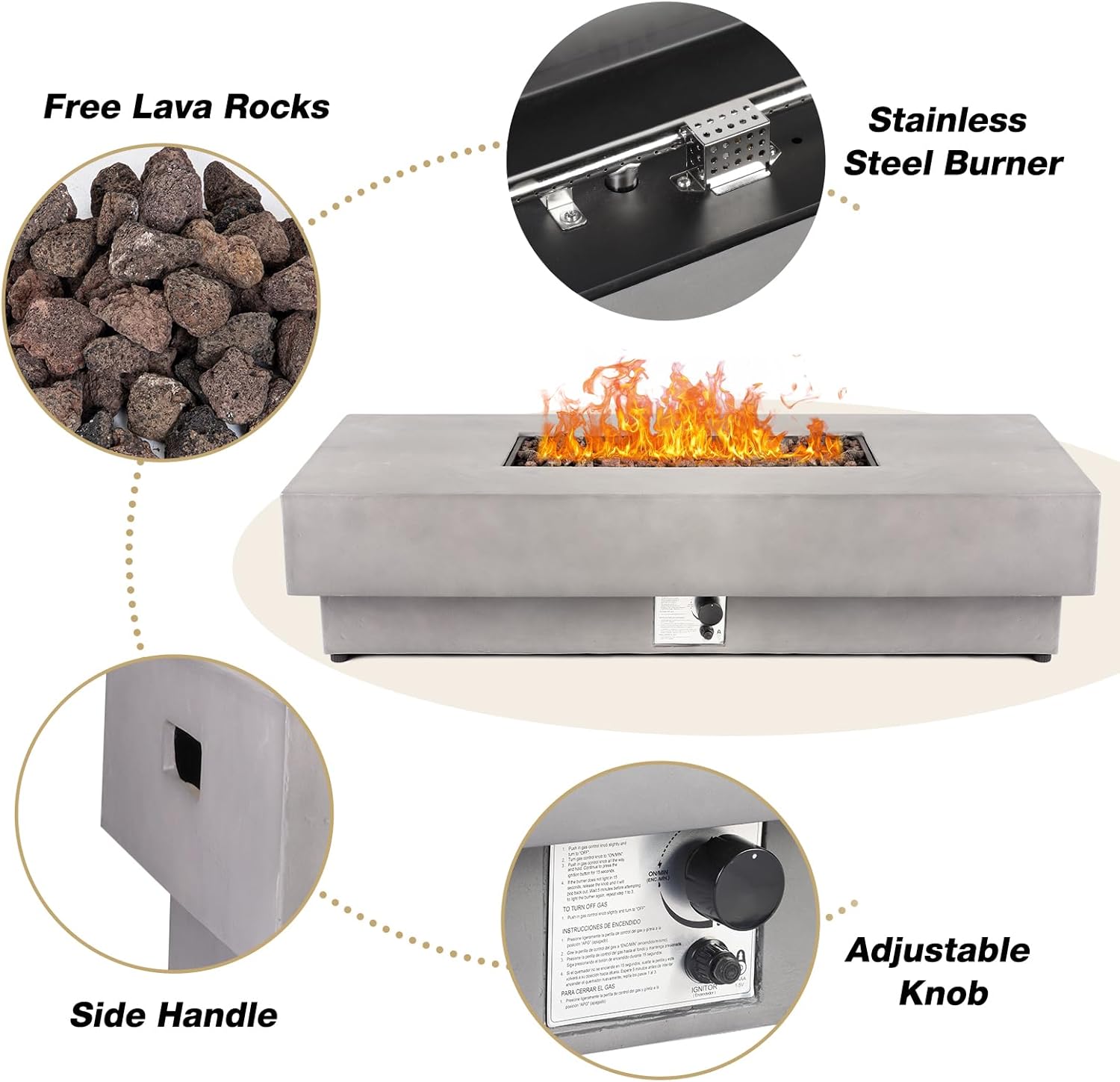 3 Pieces 60-Inch Outdoor Propane Fire Pit Table w/Tank Cover&Wind Guard - 50,000 BTU, Concrete Rectangle Firepits, Steel Lid, Lava Rocks & Rain Cover Included