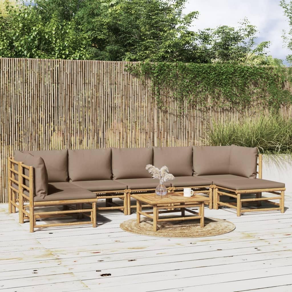 8-Piece Garden Lounge Set, Taupe Cushions, Natural Bamboo Frame, Modular Outdoor Patio Furniture for Relaxing, Dining, and Entertaining