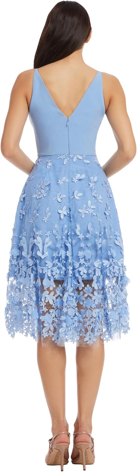 Dress the Population Women's Darleen Sleeveless Plunging Neckline Fit and Flare Midi Dress