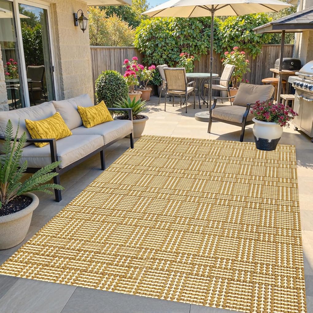 Brown Tan Check Pattern Woven Textured Outdoor Rug for Patios Farmhouse Deck Pool Balcony Washable Foldable Weaved Outdoor Area Rug Breathable Waterproof Easy Clean Camping Rv Picnic Carpet 9x12