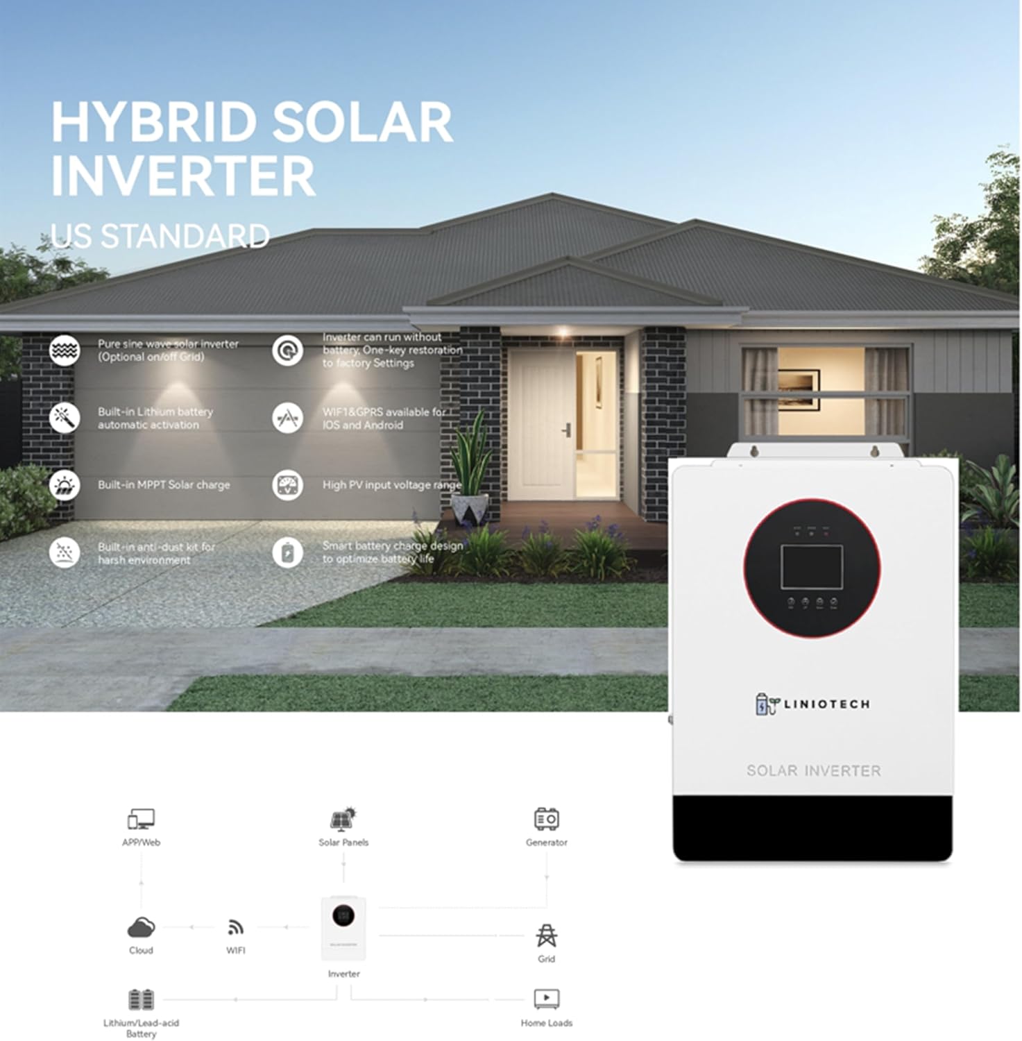 Liniotech 3600W Off-Grid Solar Inverter, 48V Pure Sine Wave Hybrid Inverter, 4000W MPPT, 300V PV VOC, 120V AC Output, WiFi USB RS485 GPRS Monitoring, Lithium/Lead-Acid Battery Support