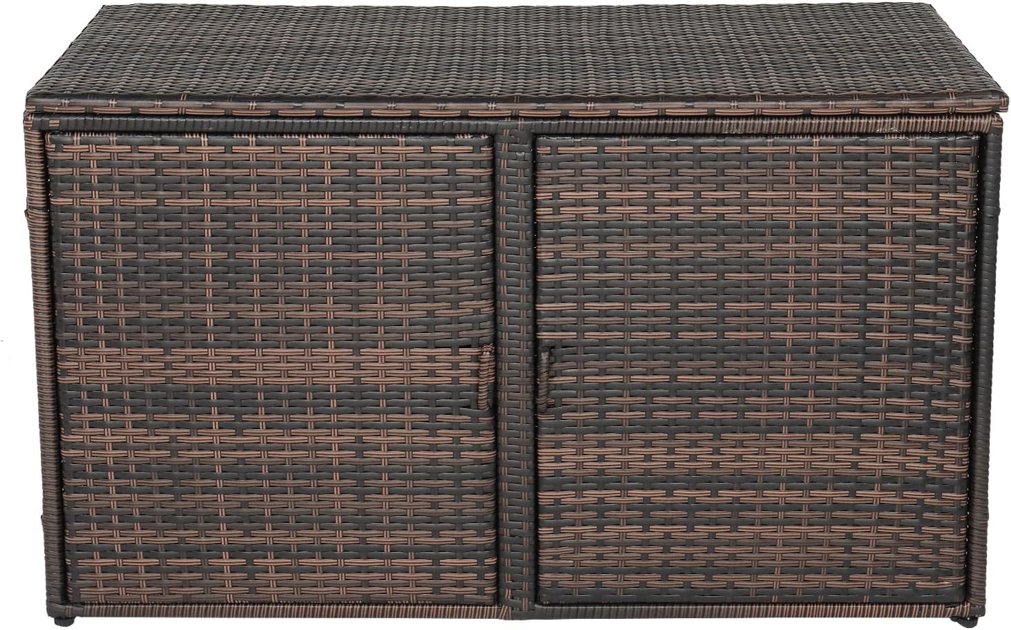 PE Wicker Storage Box - Outdoor 104 Gallon 2-Tier Deck Box for Patio Furniture Toys Storage w/Lid & Front Doors, All Weather Rattan Storage Bin for Backyard Garden Poolside Porch